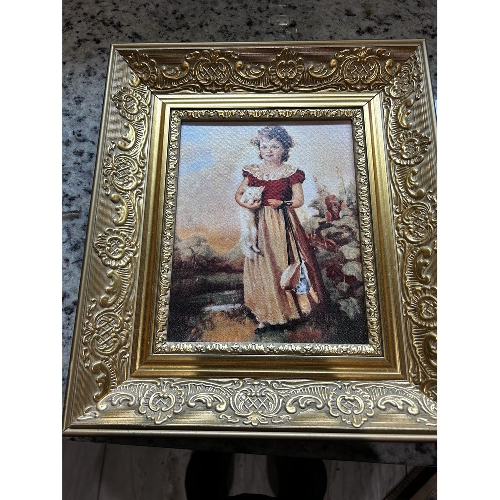 Vintage Framed Art Print "Chums" by Jane Freeman Ornate Gold Frame cat 15" x13"
